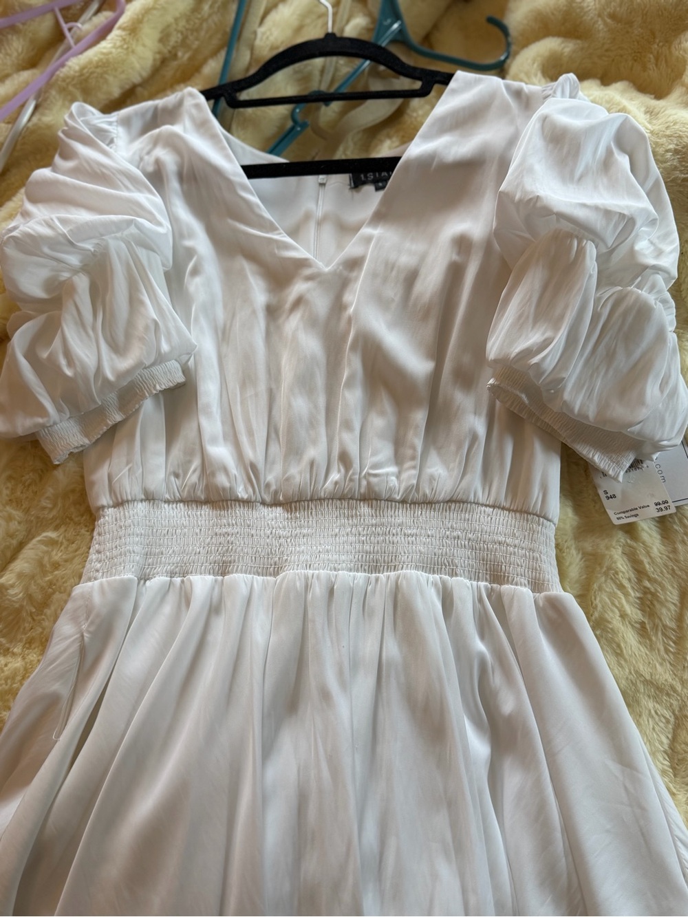 White Puff-Sleeve Smocked Waist Dress